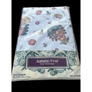 Vintage Vinyl Flannel Back Tablecloth Fall Colors Leave Pumpkins Scarecrow 52x70